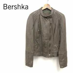 F93-K◆Bershka ベルシュカ 長袖ライダース◆sizeL ブラウン ダブル 裏地あり 切り替え ジップアップ レザー レディース カジュアル