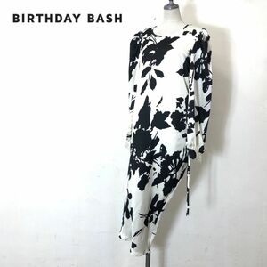 F336-O◆ BIRTHDAY BASH バースデーバッシュ アシンメトリーワンピース ドレス 総柄 リボン タイト ロング 長袖◆sizeS ホワイト 白