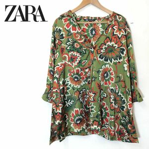 F254-F◆ 美品 ◆ ZARA ザラ オープンカラー プルオーバー シャツ ブラウス ◆ sizeXL ポリ グリーン 総柄 古着 レディース