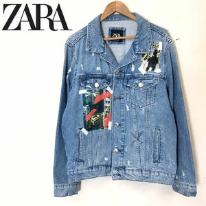 F217-F-N◆ 美品 ◆ ZARA ザラ ダメージデニムジャケット ◆ sizeL コットン100 インディゴ 古着 メンズ 秋冬 パッチワーク