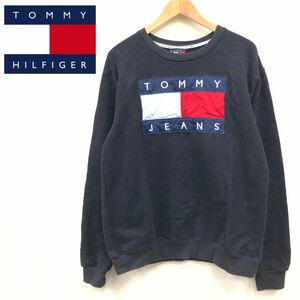 F156-F◆ TOMMY HILFIGER トミーヒルフィガー トレーナー スウェットシャツ ◆ sizeM コットン100 ブラック 古着 メンズ 秋冬