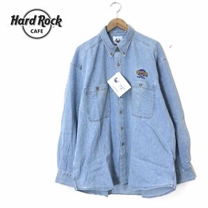 F451-N◆タグ付き美品◆old HardRockCAFE ハードロックカフェ シャンブレーシャツ ロゴ刺繍 大きめ ◆sizeL ブルー系 コットン100