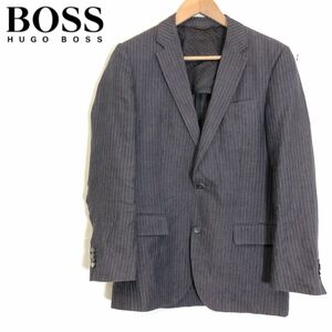 F805-F-N◆ HUGO BOSS ヒューゴボス テーラードジャケット シングル 背抜き ◆ size44 リネン ブラウン ストライプ 古着 メンズ