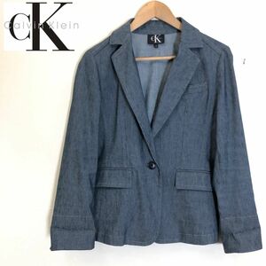 F804-F-N◆ 美品 ◆ Calvin Klein カルバンクライン テーラードジャケット シングル ◆ size6 リネン コットン ブルー 古着 レディース