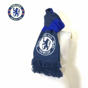 F693-D◆美品◆イギリス製 Chelsea チェルシー マフラー フリンジ サッカー プレミアリーグ オフィシャル ◆ ネイビー ブルー アクリル