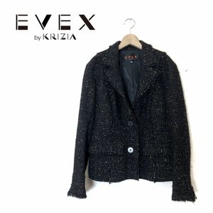 F1453-O-N◆良品◆ EVEX by KRIZIA エヴェックス クリツィア テーラードジャケット ツイード アウター◆size44 ウール ブラック 黒