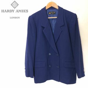 F1497-F-N◆ HARDY AMIES バーディエイミス テーラードジャケット ダブル 総裏 ◆ size13 ウール100 ネイビー 古着 レディース 秋冬