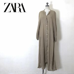 F1461-U-N◆ZARA ザラ ロングワンピース 長袖 パフスリーブ バンドカラー スキッパー ナチュラル 無地 レイヤード◆size L ベージュ リネン