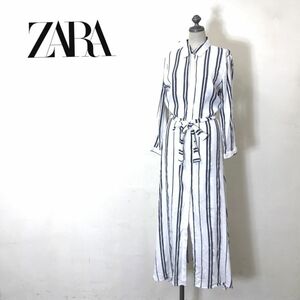 F1460-U-N◆ZARA WOMAN ザラウーマン ロングワンピース シャツワンピ 長袖 ストライプ柄 ウエストマーク 爽やか◆size S ホワイト リネン