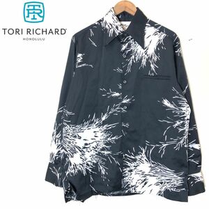 F1390-F-N◆ 70s~ ◆ vitage ◆ tori richard トリリチャード 長袖シャツ 総柄 old USA製 ◆sizeS ポリエステル100 ブラック ホワイト 古着