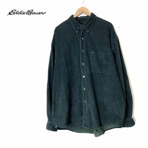 F1593-D◆old◆ 90s~ Eddie Bauer エディーバウアー コーデュロイシャツ BD 細畝 大きめ ◆ sizeXL グリーン チェック コットン100