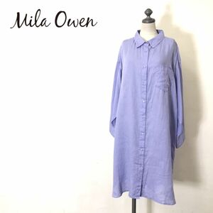 F2177-U◆Mila Owen ミラオーウェン ロングシャツワンピース 膝下丈 長袖 薄手 透け感 FRENCH LINEN 無地 重ね着◆size F パープル リネン