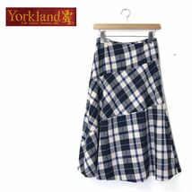 F2166-U-N◆Yorkland ヨークランド コットンスカート Aライン 膝下丈 裏地付き チェック柄 植物 ナチュラル◆size9AR ブルー系 綿100%_画像1