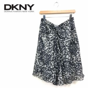 F2112-R-N◆DKNY ダナキャランニューヨーク 膝丈フレアスカート◆サイズ6 レディース 婦人 ボトムス 絹100% シルク 総柄 シアー素材