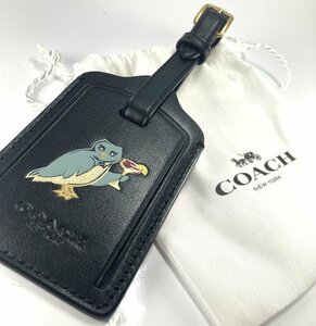 【80】美品 COACH コーチ ネームタグ ブラック 黒 レザー フクロウ ふくろう ブランド レディース 可愛い キーホルダー チャーム