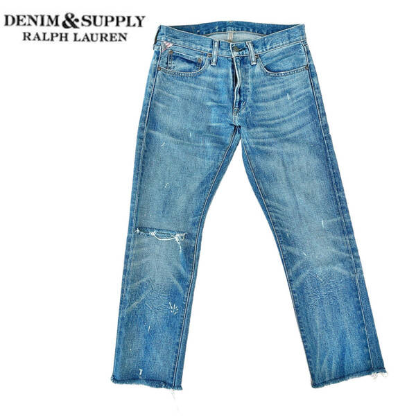 【DENIM & SUPPLY】右ひざダメージ加工デニム/ペイント加工/ジーンズ/29インチ★ラルフローレン