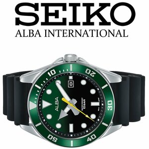 新品1円 逆輸入セイコーALBA 美しいグリーンメタリック 100m防水 スポーティ ラバーベルト メンズ激レア日本未発売アルバ SEIKO 腕時計