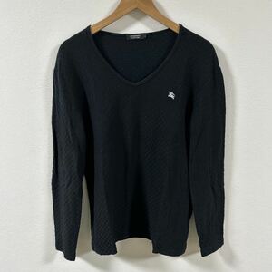 希少 3 （L）バーバリーブラックレーベル Vネック ワッフルデザイン柄 長袖 カットソー ロンT BURBERRY BLACK LABEL 黒 ロゴ刺繍