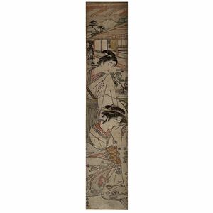 【真作】勝川春英「若衆と美人 柱絵」本物 浮世絵 錦絵 木版画
