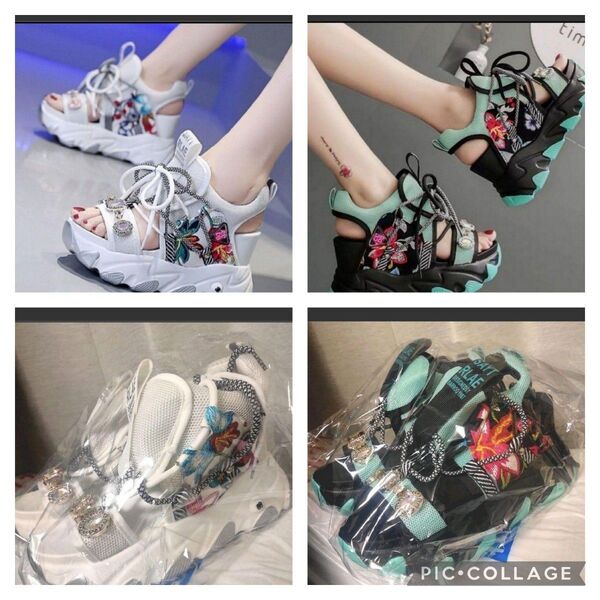 売り切り 最終値下げ セール 激カワ 厚底スニーカーサンダル 24cm 24.5cm ホワイト ブラック ビジュー 美脚