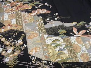  kimono ...* kurotomesode piece . phoenix .. flower writing gold paint silk *n444