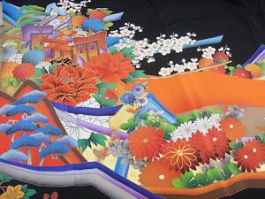 kimono ...* kurotomesode piece .. place car .. flower writing gold paint silk *n531