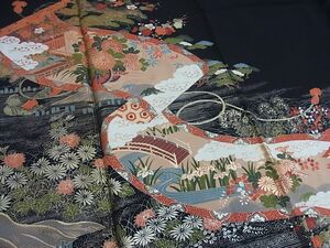  kimono ...* kurotomesode scenery ... volume writing gold paint silk *n617