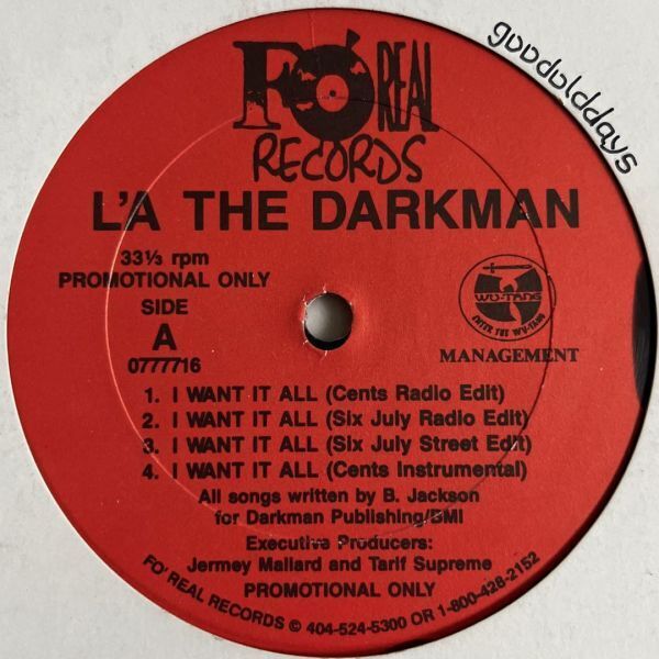 L'a The Darkman - I Want It All / As The World Turns (USオリジナル/プロモオンリー/Promo/アングラ/wu-tang)