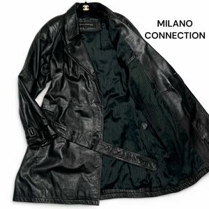 美麗品◎羊革 ミラノコネクション【柔らかな肌触り】MILANO CONNECTION ラム レザー トレンチコート 本革 ブラック ベルト ロング◎メンズ