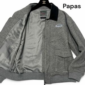 美麗品◎XLサイズ位!!パパス【激レアモデル】Papas ロゴ ワッペン ジャケット ブルゾン ウール100% グレー 裏地 総ロゴ 日本製◎メンズ