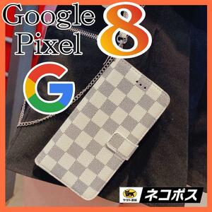 Google Pixel 8 ケース手帳型　白色　チェック柄 PUレザー　高級感　大丈夫　グーグルピクセル8カバー　ホワイト