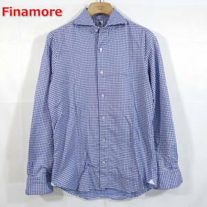 【良品】フィナモレ　春夏　シアサッカー　チェックシャツ　FINAMORE　サイズ４０（Ｌ相当）　白青