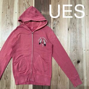 UES ウエス sweat hoodie スウェットパーカー トレーナー ジップアップフード プリントロゴ ヴィンテージテイスト サーモンピンク 玉mc2609