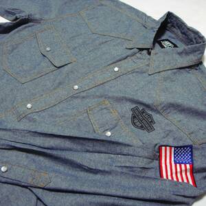 # postage 0 ^^ old shop KEY [ star article flag x print car n blur - ground western shirt 2L ] America USA old clothes work shirt Denim Dungaree N2