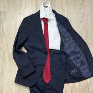 THE SUIT COMPANY　スーツカンパニー　魅惑の雰囲気　S程度　ネイビー 紺 ストライプ ウール セットアップ スーツ メンズ ビジネス；