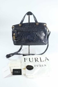 FURLA フルラ パイパー クロコダイル柄 ショルダー ハンド 2way 手持ち 肩掛け 鞄 ネイビー 0817-AS