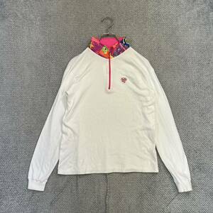 100円スタート♪ （18）ellesse エレッセ　トレーニングカットソー　ハーフジップ　サイズM相当　コットン　ハイネック ホワイト 白　ロンT