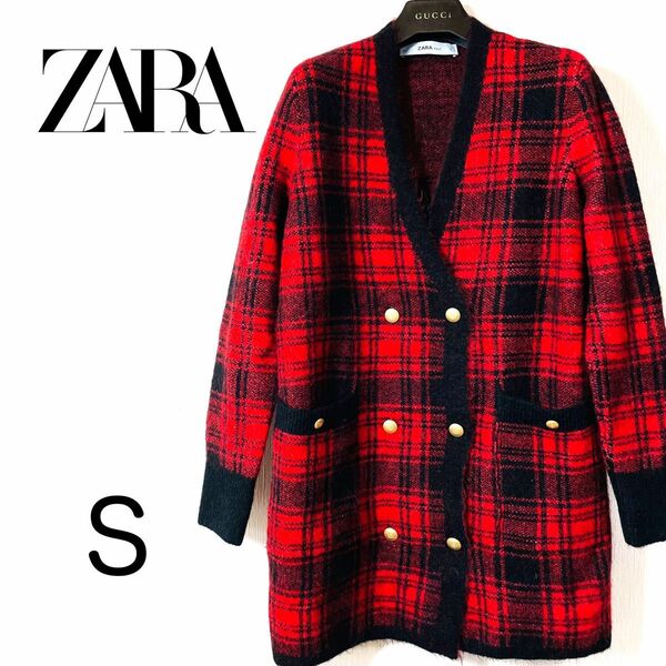 未使用品 ZARA ザラ モヘヤ混 チェックニット コート トップス