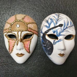 【イタリア製】ベネチアカーニバル仮面　舞踏会 陶器オブジェ ミニ 2個セット