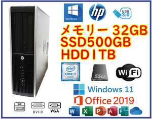 ★送料無料★スリムPC★超高速 i7(3.9GHz)/SSD500GB+大容量HDD1TB/メモリ32GB/Wi-Fi/Win11/Office2019/USB3.0/HP 6300 Elite SFF