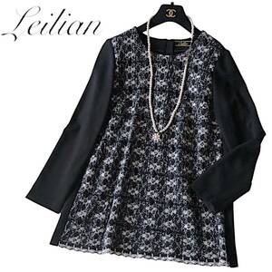 D07◆美品 レリアン Leilian 大きいサイズ 11 L-XL前後 ゆったり ミックス ニット 切替 チュニック ワンピース 伸縮 ストレッチ レイヤード