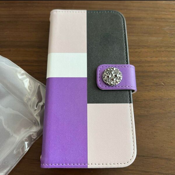 iPhone14pro iPhoneケース 手帳型 ビジュー 紫 革 レザー 可愛い 手帳 パープル カバー 和柄