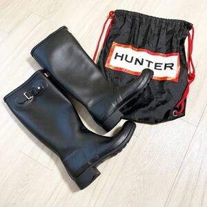HUNTER ハンター 長靴 レイン シューズ ラバー ブーツ レディース UK4 約 23cm 相当 ブラック 黒 ロゴ 保存袋 状態良好 オススメ