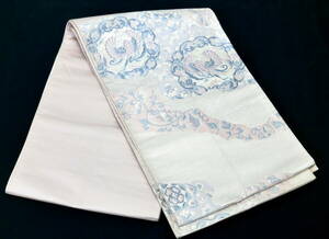 ▲(R602-B305)美品 袋帯 正絹 銀地 唐織