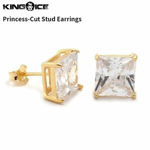 【トップの幅 7mm】King Ice キングアイス プリンセスカット スタッド ピアス ゴールド Princess-Cut Stud Earrings イヤリング メンズ