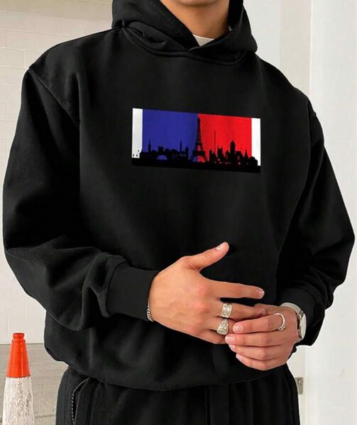 【新品】 L パーカー メンズ ストリート シンプル 黒 パリ エッフェル塔