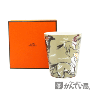 19028 HERMES【エルメス】キャンドル ホルダー タンブラー カップ 騎馬隊 乗馬 ホース 蝋燭 銅器 グレー系 インテリア オブジェ【中古】