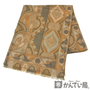 18949 ETRO[ Etro ] stole shawl scarf muffler peiz Lee total pattern cashmere silk khaki - series 160×60 large size [ used ]