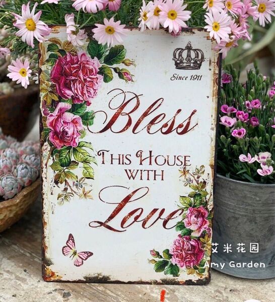 ブリキ看板E ガーデニング雑貨 薔薇 インテリア雑貨 ガーデニンググッズ 新品 人気 秋 置物 送料無料 ウェルカムボード 玄関