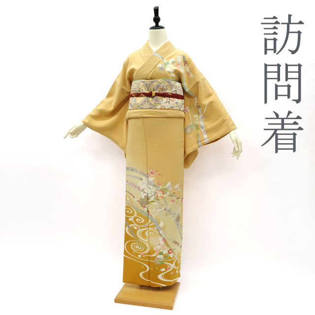 Visiting kimono, lined, hand-painted Yuzen, gold thread embroidery, gold leaf finish, yellow-leaf color, seasonal flowers, formal, pre-owned, ready-made, length 165, sleeve width 66, size L, Miyagawa sb11818, Women's kimono, kimono, Visiting dress, Ready-made